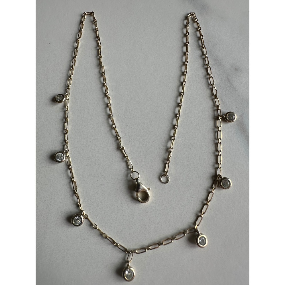 Gold Over Sterling Silver 925 Paperclip Chain 7 Station Cubic Zirconia Necklace